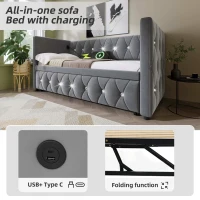 Velvet Upholstered Daybed with USB and Type C Ports, Pull-Out Trundle, Elegant Single Sofa Bed for Bedroom, 203L x 101-194W x 76H cm, Grey(m-5)