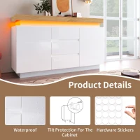 High-Gloss Chest of Drawers with 2 Doors and 3 Drawers, Sideboard Cabinet with App-Controlled LED Lighting, 140L x 39W x 81H cm, White(m-5)