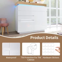 High-Gloss Chest of Drawers with 2 Doors and 3 Drawers, Sideboard Cabinet with App-Controlled LED Lighting, 110L x 39W x 115H cm, White(m-5)