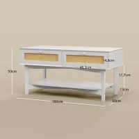 HOMCOM Mesa de Centro com 2 Gavetas Decorativas de Vime e Prateleira Inferior para Sala de Estar Escritório 100x50x50 cm Branco(m-3)