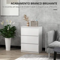 HOMCOM Cómoda com 3 Gavetas de Madeira Cómoda de Dormitório Cómoda Branca Estilo Moderno 55x34x75 cm Branco Brilhante(m-5)