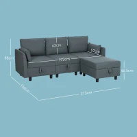 HOMCOM Canapea Modulară cu Taburet și Spații de Depozitare, Canapea Colțar 3 în Formă de L, 213x156x88 cm, Gri Închis(m-3)