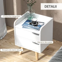 HOMCOM Noptiera cu 2 sertare picioare din pin mobila pentru casa alba(m-6)