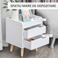 HOMCOM Noptiera cu 2 sertare picioare din pin mobila pentru casa alba(m-5)