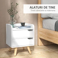 HOMCOM Noptiera cu 2 sertare picioare din pin mobila pentru casa alba(m-4)