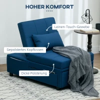 HOMCOM 3-in-1 Opvouwbare Fauteuil met Zijvak, Gastenbed met Kussen, Verstelbare Rugleuning, Stoelbed met Wielen, Blauw(m-4)