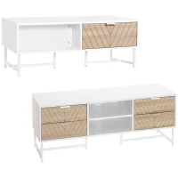 HOMCOM Table Basse + Meuble TV Design Contemporain Multi-rangement piètement métal Aspect Bois de chêne sculpté à Chevrons Blanc(m-9)