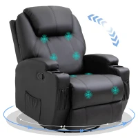 HOMCOM Recliner Chair, Recliner Massage Rocker Chair with 360° Rotate, 165° Reclining Function, Adjustable Footrest, Swivel Armchair Single Sofa for Living Room with Drink Holders, Side Pockets, Black(m-1)
