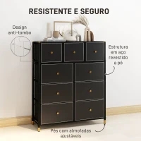 HOMCOM Cómoda para Dormitório de Tecido com 9 Gavetas Dobráveis com Frentes de Couro PU e Estrutura de Aço 88x30x103,5 cm Preto(m-6)