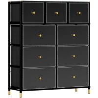 HOMCOM Cómoda para Dormitório de Tecido com 9 Gavetas Dobráveis com Frentes de Couro PU e Estrutura de Aço 88x30x103,5 cm Preto(m-1)