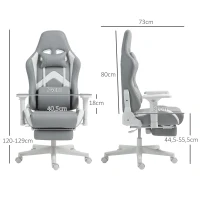 HOMCOM Cadeira Gamimg Reclinável com Apoio para os Pés Retrátil Suporte Lombar e Apoio para a Cabeça 74x73x120-129 cm Cinza Claro e Branco(m-3)