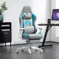 HOMCOM Cadeira Gamimg Reclinável com Apoio para os Pés Retrátil Suporte Lombar e Apoio para a Cabeça 74x73x120-129 cm Cinza Claro e Azul(m-10)