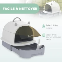 PawHut Maison de toilette pour chat bac à litière fermé chat poignée de transport porte translucide 40,5 x 52 x 39 cm gris(m-5)