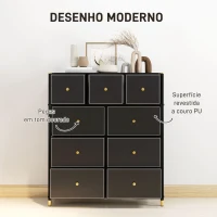 HOMCOM Cómoda para Dormitório de Tecido com 9 Gavetas Dobráveis com Frentes de Couro PU e Estrutura de Aço 88x30x103,5 cm Preto(m-5)