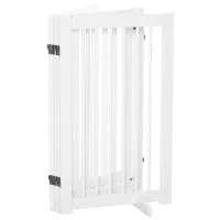 PawHut Absperrgitter Hund 4-teilig, 220 x 91 cm Faltbar Türschutzgitter mit Tür, Freistehend Hundegitter mit 2 Stützfüßen, Treppengitter aus Holz für Flur, Küche, Treppe, Weiß(m-11)