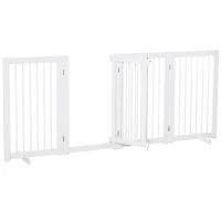PawHut Absperrgitter Hund 4-teilig, 220 x 91 cm Faltbar Türschutzgitter mit Tür, Freistehend Hundegitter mit 2 Stützfüßen, Treppengitter aus Holz für Flur, Küche, Treppe, Weiß(m-13)
