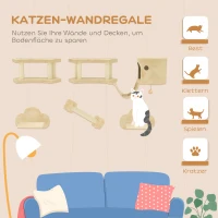 PawHut 5-delig Katten Klimset met Krabpaal, Springplatformen, Ladder, Huis, Wandmontage, Beige(m-4)