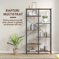 HOMCOM Biblioteca cu 6 Rafturi Lemn Cadru din Metal Negru Maro(m-4)