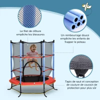 HOMCOM Trampoline de Jardin Enfants Ø 1,65 × 1,62H m Filet de sécurité Porte zipée Couvre-Ressorts + 6 poteaux rembourrés Inclus Noir Rouge Bleu(m-4)