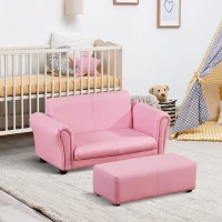 HOMCOM Toddlercouch, 2 Seater Kids Sofa, with Footstool, Arms, Wood Frame, PVC Cover, Pink(m-12)