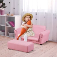 HOMCOM Toddlercouch, 2 Seater Kids Sofa, with Footstool, Arms, Wood Frame, PVC Cover, Pink(m-2)