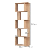 HOMCOM Bibliotecă cu 5 Rafturi Separate cu Spațiu de Economisire în Formă de S din Lemn, 60x24x184,5 cm, Lemn Natural(m-3)