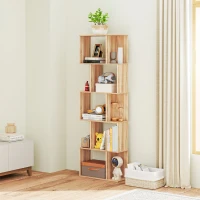 HOMCOM Bibliotecă cu 5 Rafturi Separate cu Spațiu de Economisire în Formă de S din Lemn, 60x24x184,5 cm, Lemn Natural(m-8)