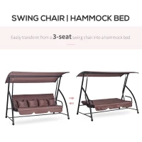 Outsunny hangmatschommel tuinschommel hangbank 3-zitsschommel met verstelbare dak ligfunctie polyester bruin 215 x 120 x 165 cm(m-7)