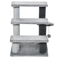 PawHut Katzentreppe 3-stufige Haustiertreppe mit Kratzsäulen Ball Hundetreppe Tiertreppe für Katzen bis 5 kg Plüsch Jute Grau 45 x 40 x 48 cm(m-11)