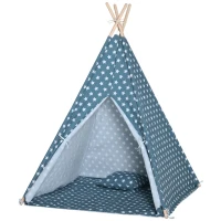 HOMCOM Kinder Tipi Tent met Vloermat en Kussen, Blauw+Wit, 120x120x155cm(m-12)