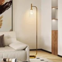 HOMCOM Lampă de Podea Modernă cu Luminozitate Reglabilă, Abajur din Sticlă și Întrerupător de Picior, 29x25x153 cm, Auriu(m-9)