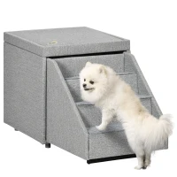 PawHut 2 in 1 Dog Steps Ottoman, Four-Tier Pet Stairs, for Small, Medium Dogs and Cats, with Storage Compartment - Grey(m-1)