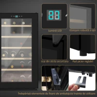 HOMCOM Frigider de Vinuri pentru 24 de Sticle de Sine Statator cu Usa de Sticla Frigider de 65 de litri cu o Singura Zona de Racire a Vinurilor cu Comenzi Digitale cu Ecran Tactil si Lumina LED Negru(m-5)