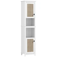 HOMCOM Coluna Casa de Banho com Prateleira Ajustável 2 Portas em Vime e 2 Compartimentos Estilo Boho 40x30x167,5 cm Branco(m-11)