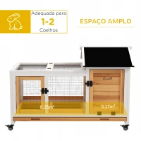 PawHut Coelheira de Madeira com Rodas para 1-2 Coelhos com Teto Abatível Bandeja Amovível 108x58x73,5 cm Madeira e Branco(m-4)