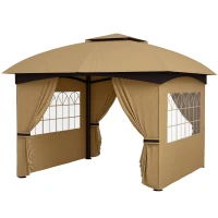 Outsunny Cenador de Jardín 3,4x3,4 m Gazebo con Protección UV Ventanas de Estilo Iglesia Cortinas y Techo Ventilado Beige(m-11)