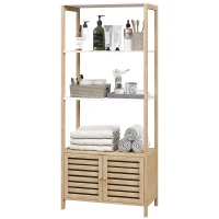 HOMCOM Estante para Casa de Banho de Bambu com 3 Prateleiras Abertas Estante de Arrumação Casa de Banho com Portas Ripadas 63x30x138 cm Madeira e Branco(m-11)