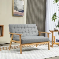 HOMCOM Sofá 2 Lugares Estofado em Linho com Apoio para os Braços de Madeira Encosto Acolchoado 114x75x76 cm Cinza Claro(m-2)