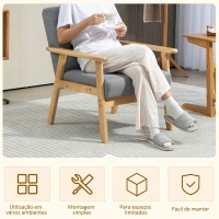 HOMCOM Poltrona Sala de Estar Estofada em Linho com Apoio para os Braços e Estrutura de Madeira de Borracha 64x75x76 cm Cinza Claro(m-6)