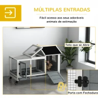 PawHut Coelheira de Madeira com Rodas para 1-2 Coelhos com Teto Abatível Bandeja Amovível 108x58x73,5 cm Cinza e Branco(m-6)