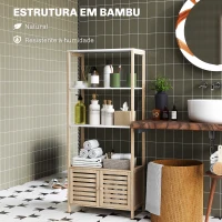 HOMCOM Estante para Casa de Banho de Bambu com 3 Prateleiras Abertas Estante de Arrumação Casa de Banho com Portas Ripadas 63x30x138 cm Madeira e Branco(m-5)