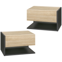HOMCOM Set von 2 Wandnachttischen - Set von 2 Nachttischen - Schublade, Regal, Zweifarbiges Eichenholz-Schwarz
