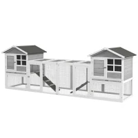 PawHut Clapier pour Petits Animaux, Clapier pour Lapins, Enclos extérieur, Cage, Rampe, bacs à litière amovibles, Blanc + Gris(m-1)