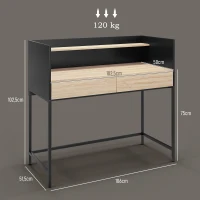 HOMCOM Moderner Design-Schreibtisch, 1 Regal, 2 Schubladen, schwarzes Metallgestell, Holzpartikeln, Maße 106 B x 51,5 T x 102,5 H cm(m-3)