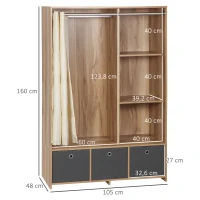 HOMCOM Kleiderschrank Kleiderschrank mit Stange Gardinen 3 herausnehmbare Stoffschubladen 105 x 48 x 160 cm Natur(m-3)