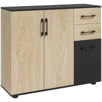 HOMCOM Sideboard Aufbewahrungsschrank Küche 2 Schränke verstellbares Regal 2 Schubladen 90 x 30 x 75,5 cm Natur Schwarz(m-7)
