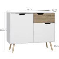 HOMCOM Buffet Aufbewahrungsschrank skandinavisches Design mit Schränken für Badezimmer, Wohnzimmer, Küche, Massivholz Kieferbeine - Weiß - Maße 98L x 39B x 81,5H cm(m-3)