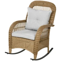 Chaise à Bascule Outsunny au Style Boho, Rotin PE, Chaise à Bascule en Rotin, Housses de Coussin Lavables, Nature + Gris clair(m-1)