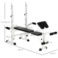 HOMCOM Banc de Musculation avec Support de Barre, Presse pour la Poitrine, Presse pour les Jambes, Accoudoir pour les Biceps Curl, Acier, noir + blanc(m-3)