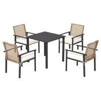 Outsunny Ensemble de Sies de Jardin, 5 pièces, Table, 4 chaises avec coussins, Cadre métallique, Décor en rotin, Nature(m-1)